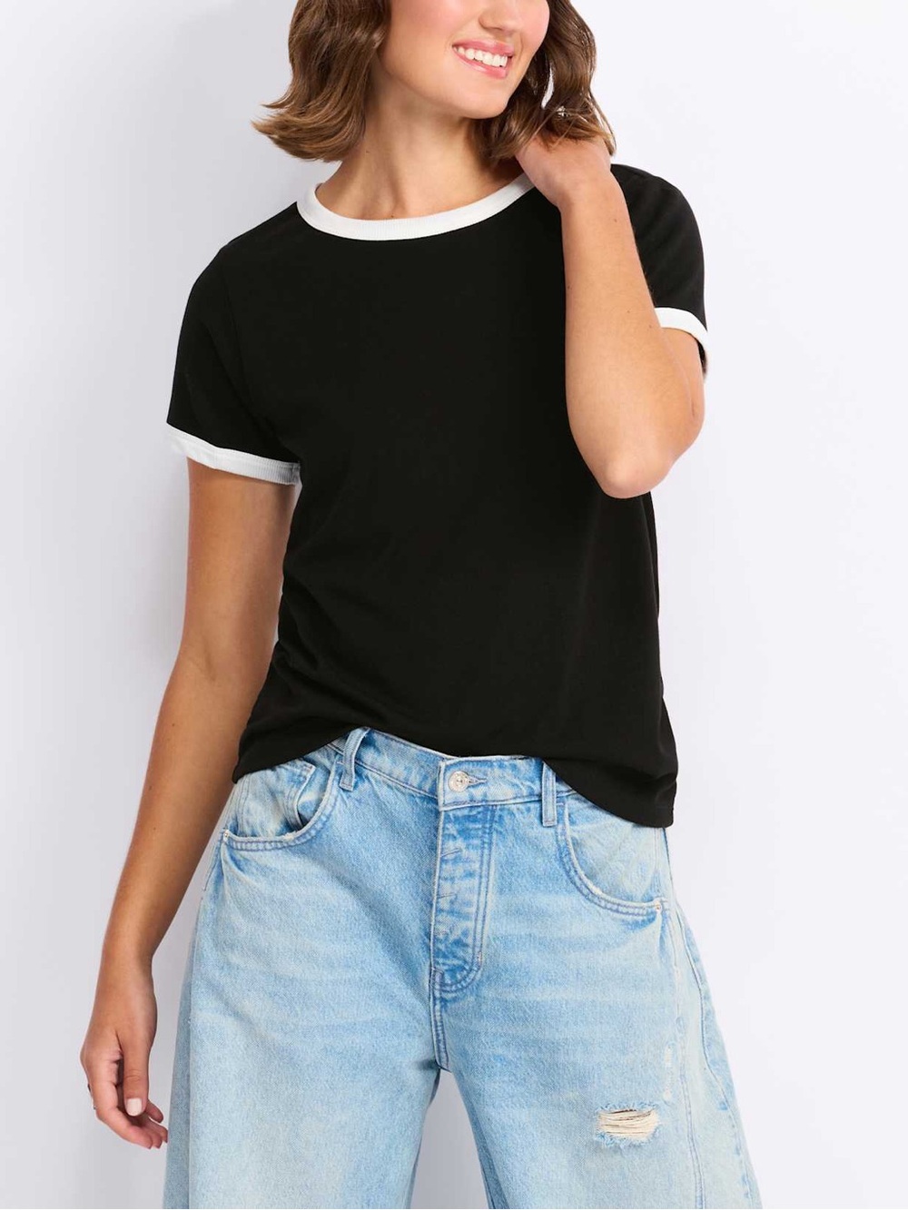 SHEIN Black Short Sleeve Ringer Tee with White Trim